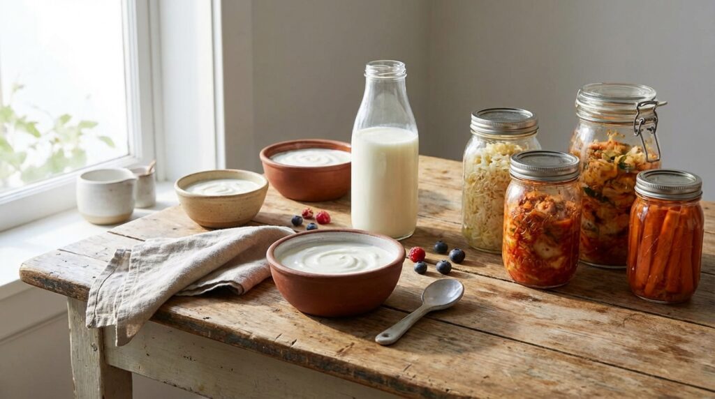Alimentos probióticos y fermentados en una mesa