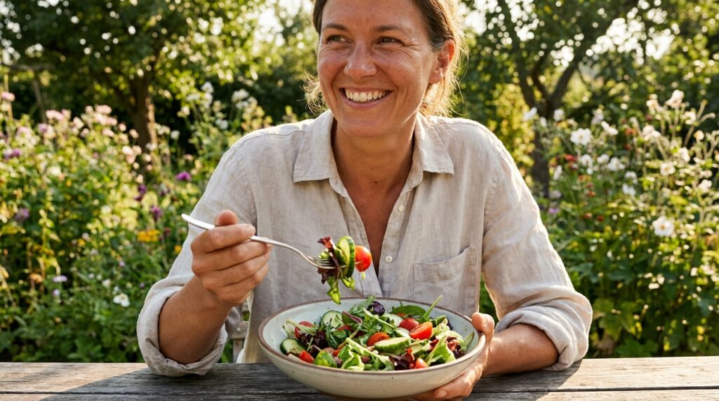Persona feliz comiendo saludable al aire libre