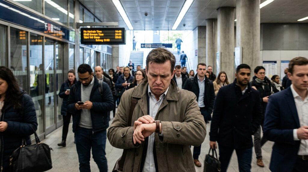 Percepción del tiempo: cómo el reloj cambió nuestra vida 5 Persona estresada mirando su reloj en una estación concurrida