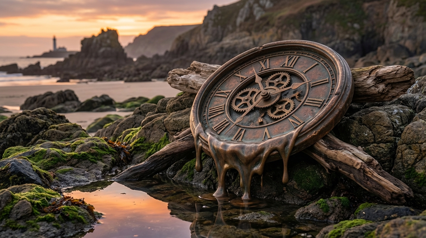 Reloj gigante integrándose en un paisaje natural
