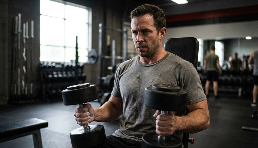 Hombre entrenando con pesas mostrando resistencia física