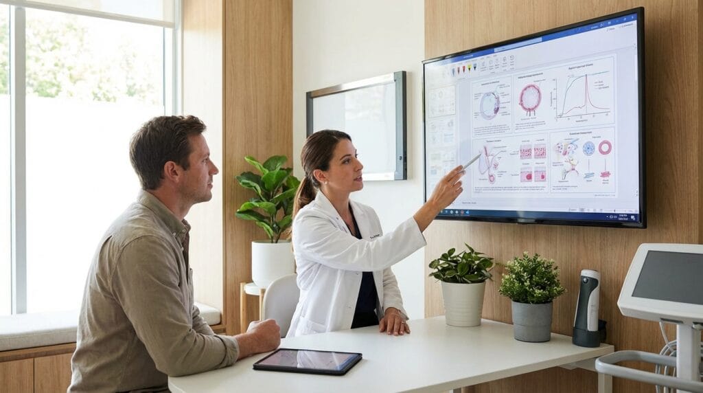 Doctor explicando gráficos biológicos a un paciente en una clínica