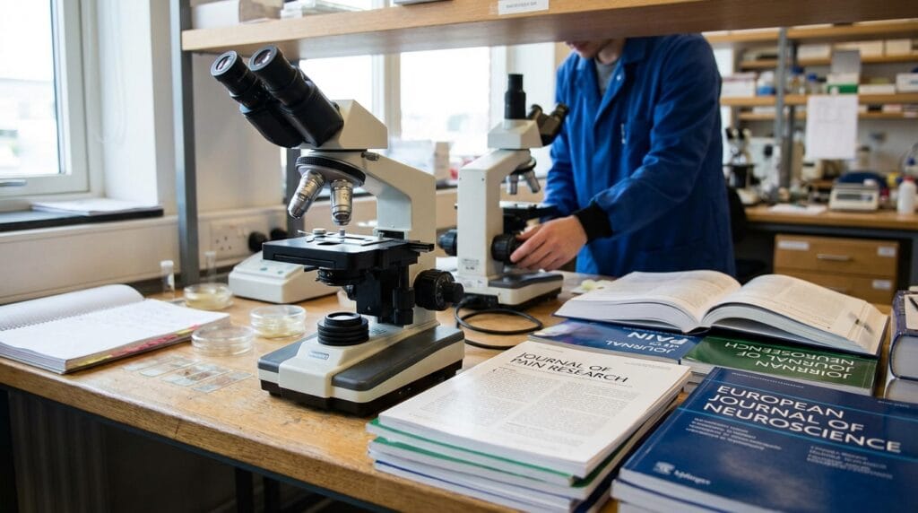 Laboratorio científico con microscopios y revistas de investigación
