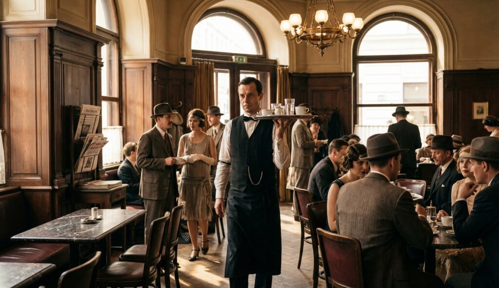 Mesero en un café de Viena en los años 20 atendiendo clientes. Tareas inconclusas