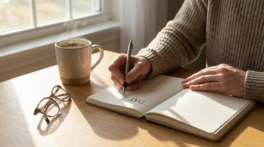Persona comenzando a escribir en un cuaderno nuevo para empezar una tarea