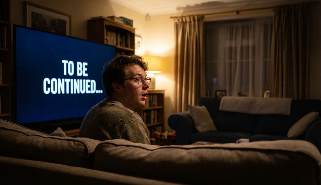 Persona viendo una serie de televisión con un final de suspenso