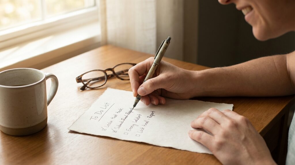 Mano tachando una tarea completada en una lista de pendientes