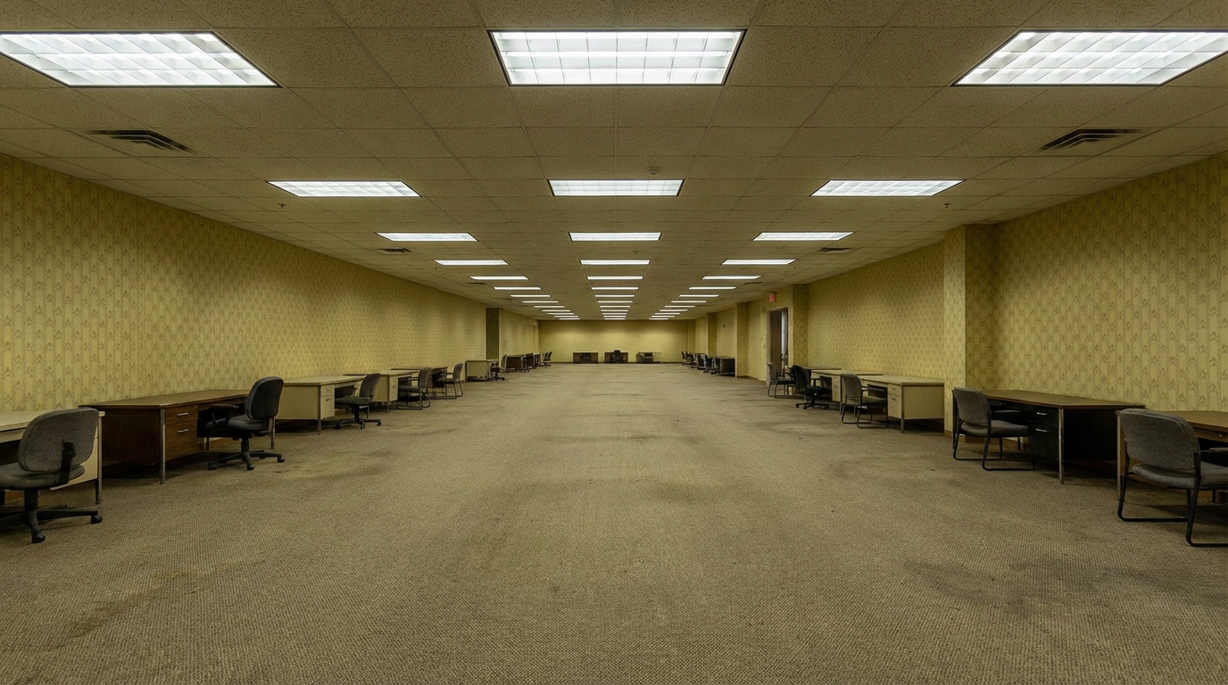 Oficina vacía infinita con paredes amarillas estilo Backrooms