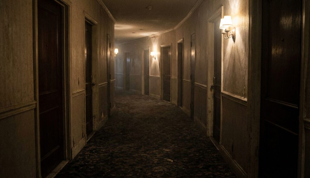 Terror liminal: ¿Por qué los Backrooms nos atrapan? 3 Pasillo de hotel largo e inquietante con puertas idénticas