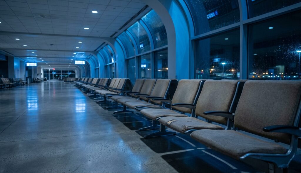 Terror liminal: ¿Por qué los Backrooms nos atrapan? 4 Terminal de aeropuerto vacía y solitaria durante la noche