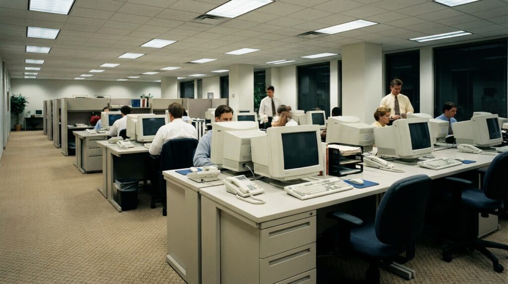 Terror liminal: ¿Por qué los Backrooms nos atrapan? 5 Oficina de los años 90 con alfombras beige y monitores antiguos