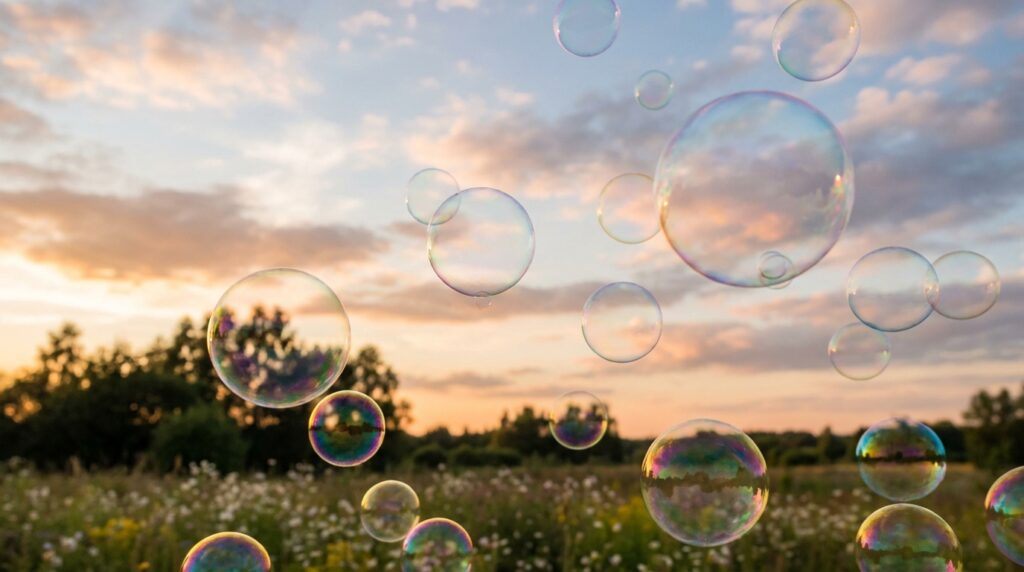 Burbujas de jabón: ¿Por qué siempre son esferas perfectas? 2 Cientos de burbujas de jabón flotando bajo un cielo brillante