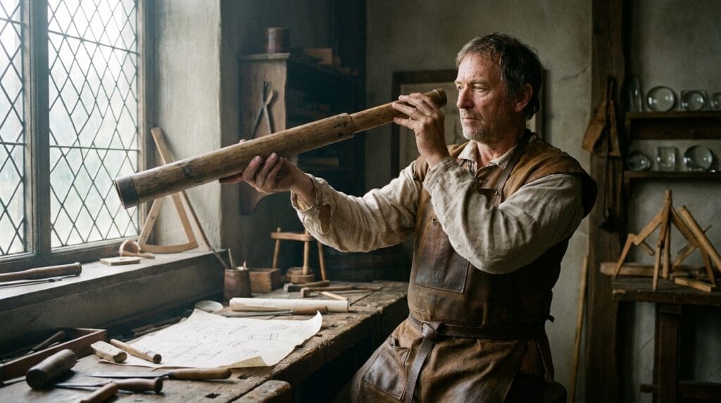 Fabricante de lentes holandés con un telescopio antiguo. Posible primer telescopio.