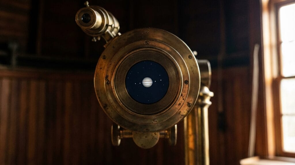 Vista de Júpiter y sus lunas a través de un telescopio antiguo