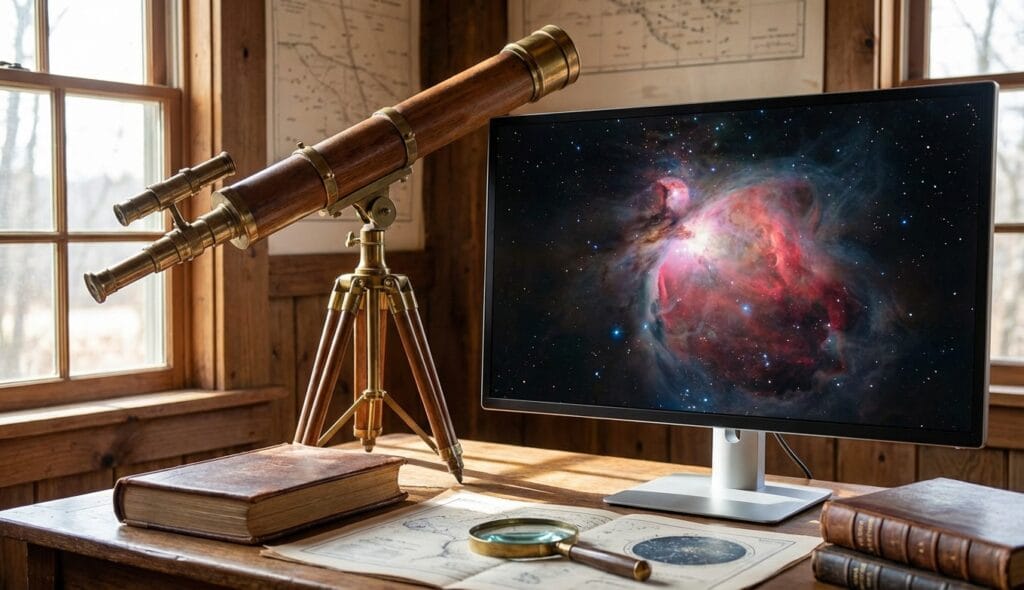 Comparación entre telescopio antiguo y nebulosa espacial moderna