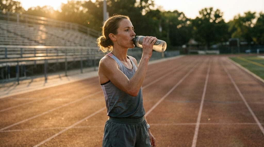 Atleta de élite hidratándose durante un entrenamiento al atardecer