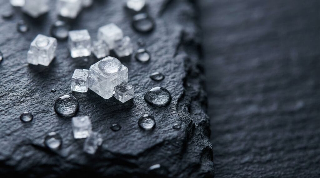 Cristales de sodio y gotas de agua representando el equilibrio electrolítico