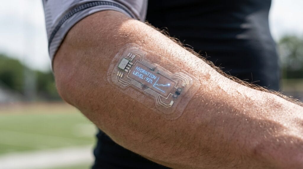 Parche biométrico inteligente midiendo el sudor en el brazo de un deportista