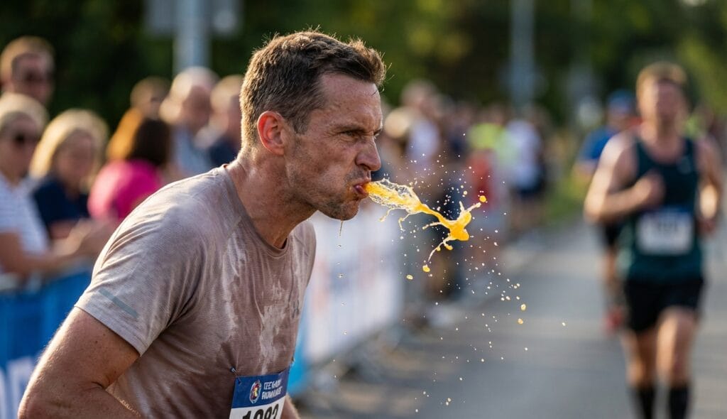 Atleta realizando un enjuague bucal con carbohidratos durante una carrera