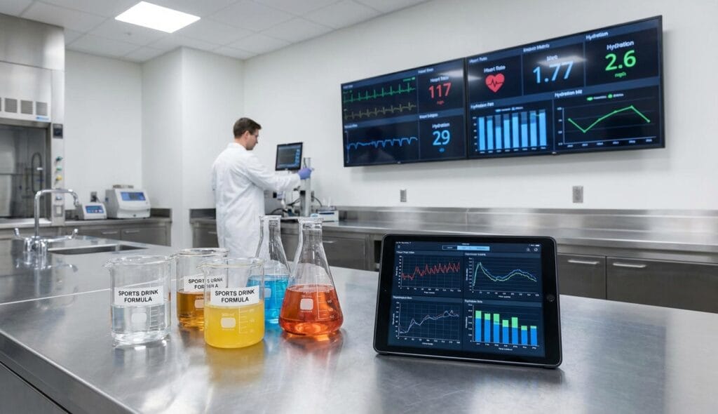 Laboratorio moderno de ciencia deportiva analizando bebidas de hidratación