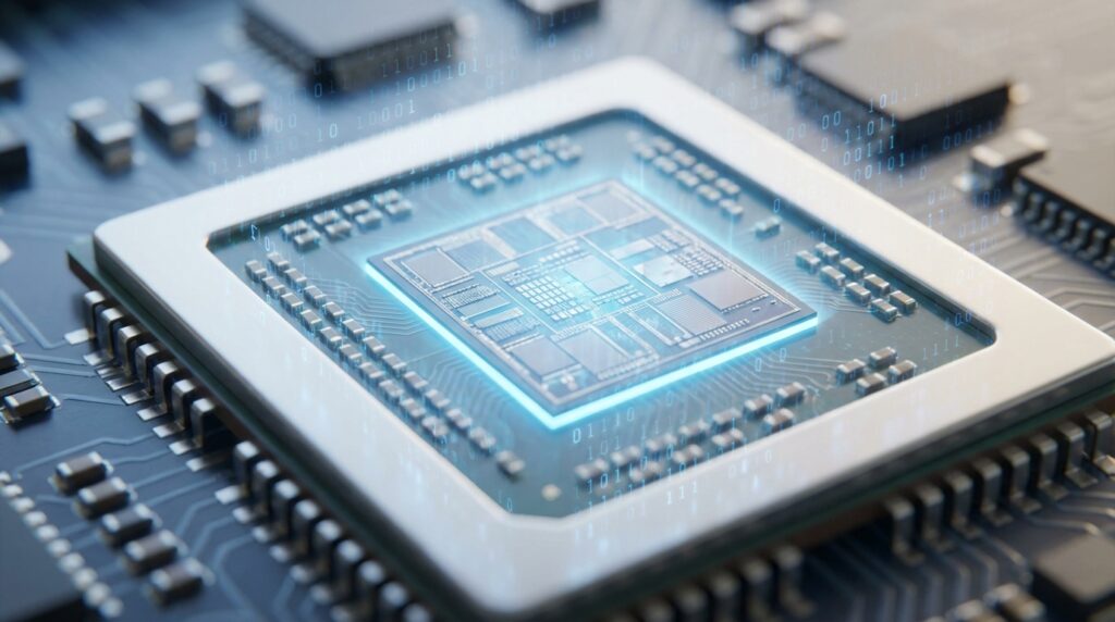 Código binario: por qué sigue siendo la base tecnológica 2 Microprocesador moderno con superposición de código binario digital