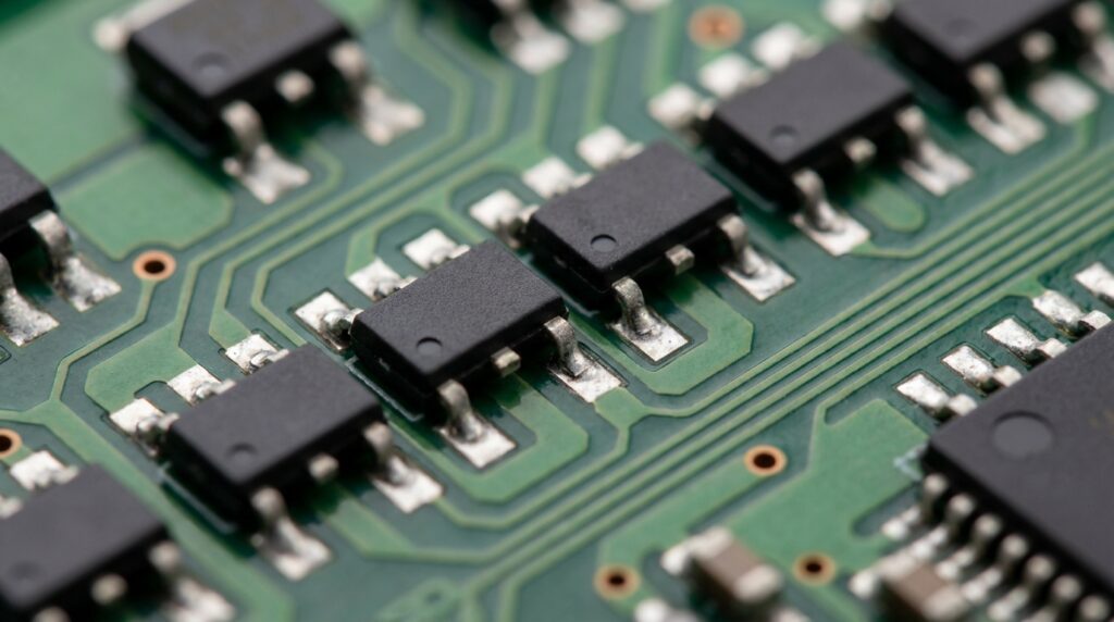 Código binario: por qué sigue siendo la base tecnológica 3 Vista microscópica de transistores en una placa de circuito
