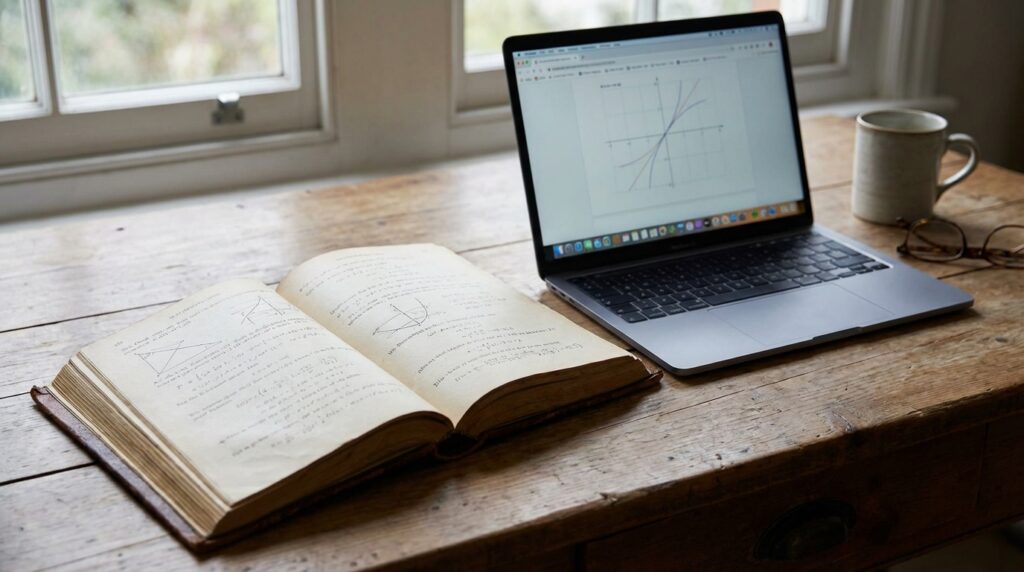 Código binario: por qué sigue siendo la base tecnológica 4 Libro de matemáticas antiguo junto a una computadora moderna