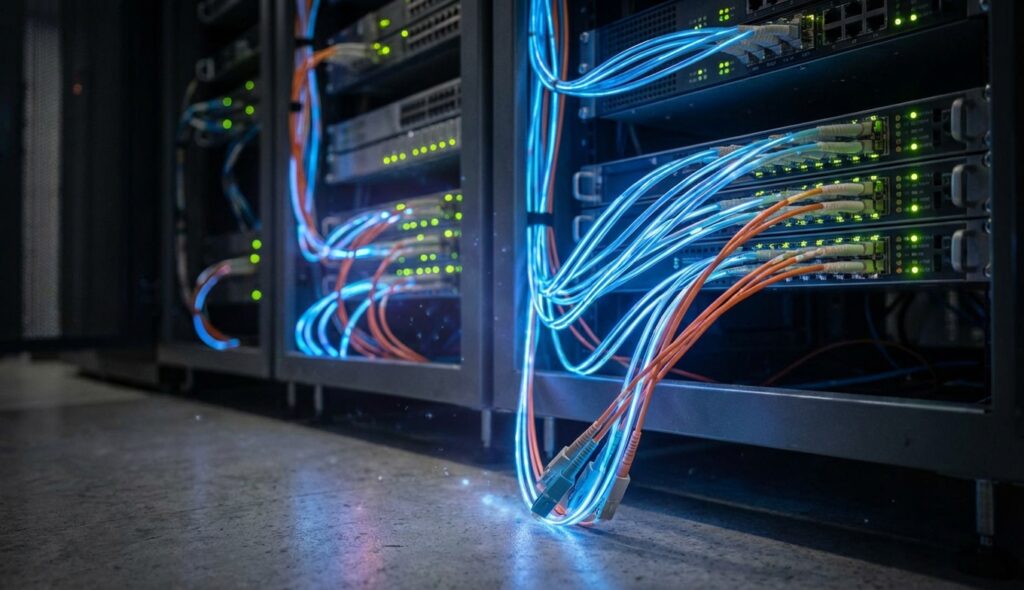 Código binario: por qué sigue siendo la base tecnológica 5 Cables de fibra óptica transmitiendo datos en un centro de datos