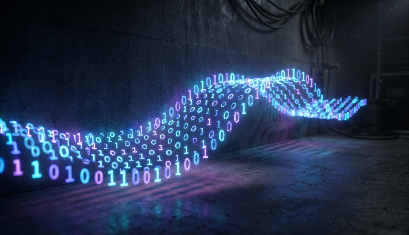 Onda digital de código binario en fondo oscuro