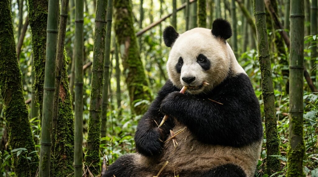 Panda gigante comiendo bambú en un bosque frondoso