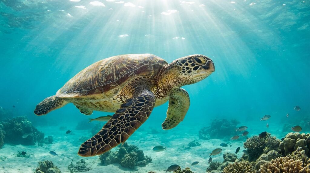 Tortuga verde nadando en aguas cristalinas del océano