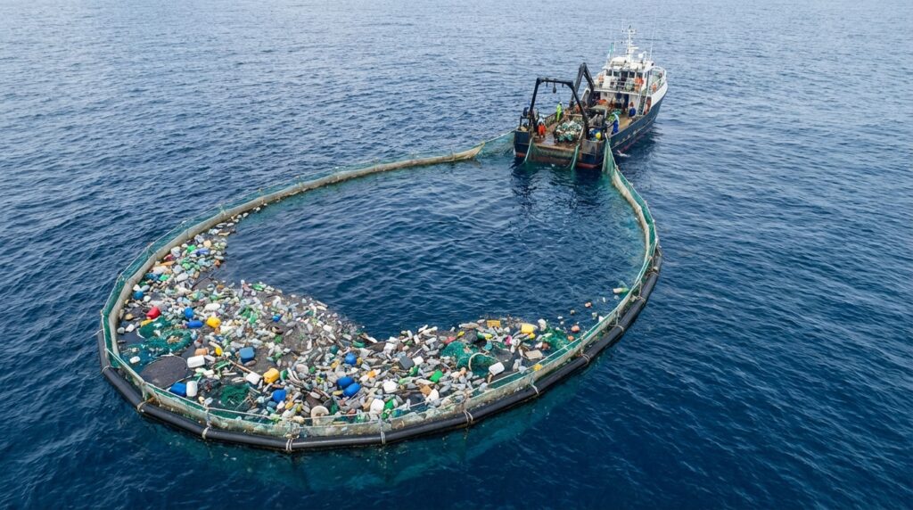 Sistema de limpieza oceánica recolectando plástico en el mar