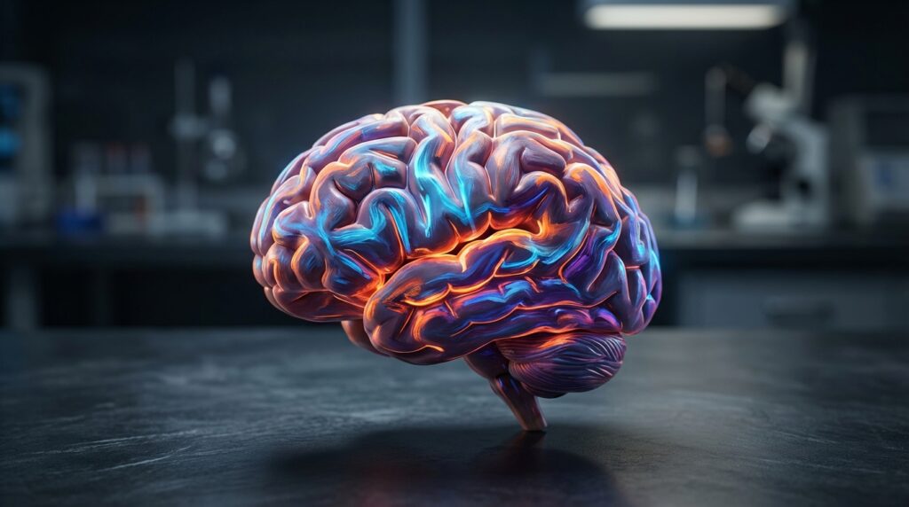 Cerebro humano iluminado con colores artísticos y pinceladas abstractas