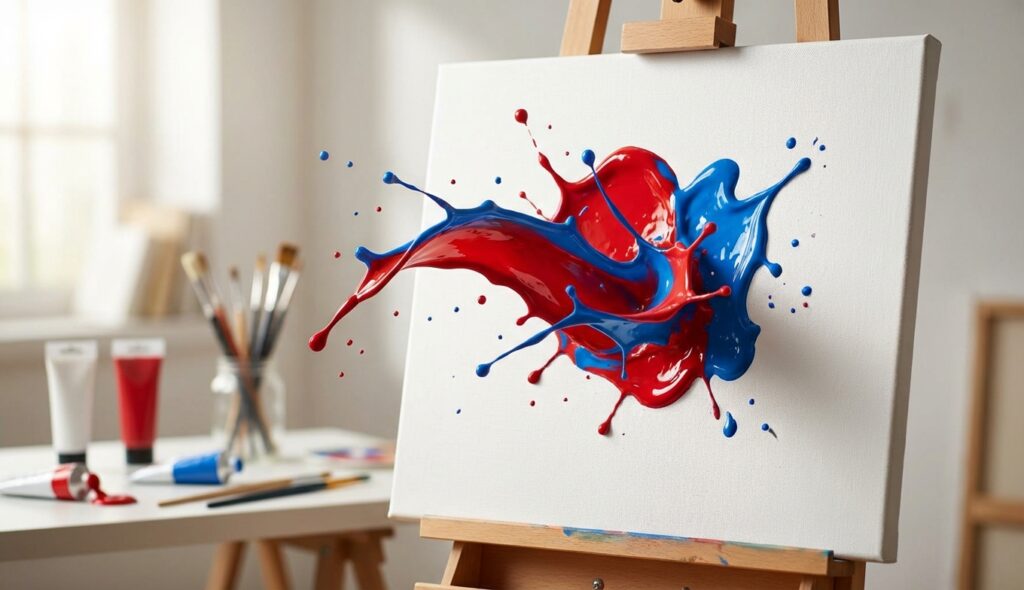 Explosión de pintura roja y azul sobre lienzo blanco