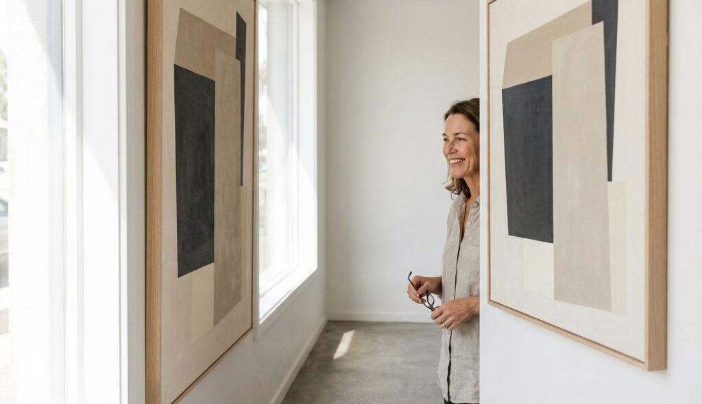 Persona sonriendo frente a una pintura abstracta minimalista