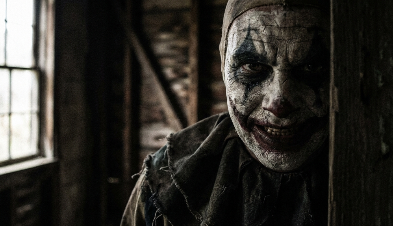 Rostro de payaso siniestro emergiendo de la oscuridad