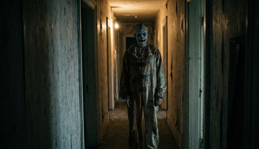 Payaso inquietante en un pasillo oscuro representando el valle inquietante