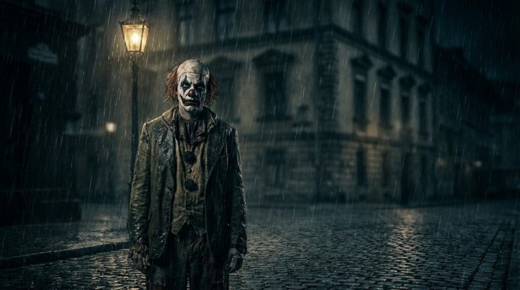 Payaso terrorífico bajo la lluvia con estética de horror