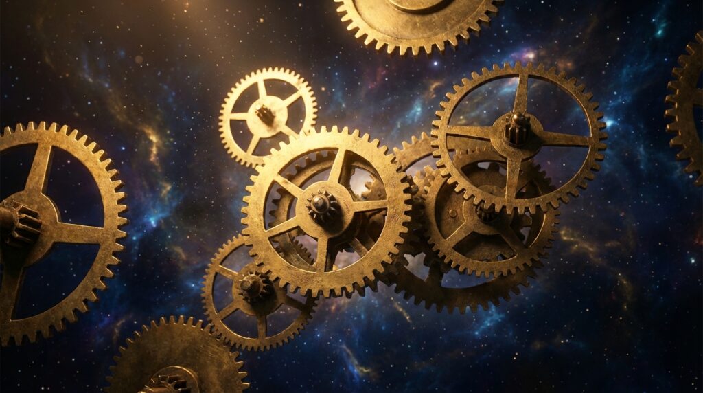 Engranajes de reloj de oro flotando en el espacio. El problema del calendario gregoriano y el tiempo oficial