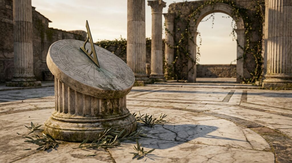 Reloj de sol romano antiguo en un patio de mármol