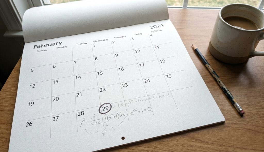 Página de calendario del 29 de febrero con fórmulas matemáticas