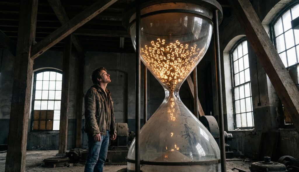 Persona mirando un reloj de arena gigante con números digitales