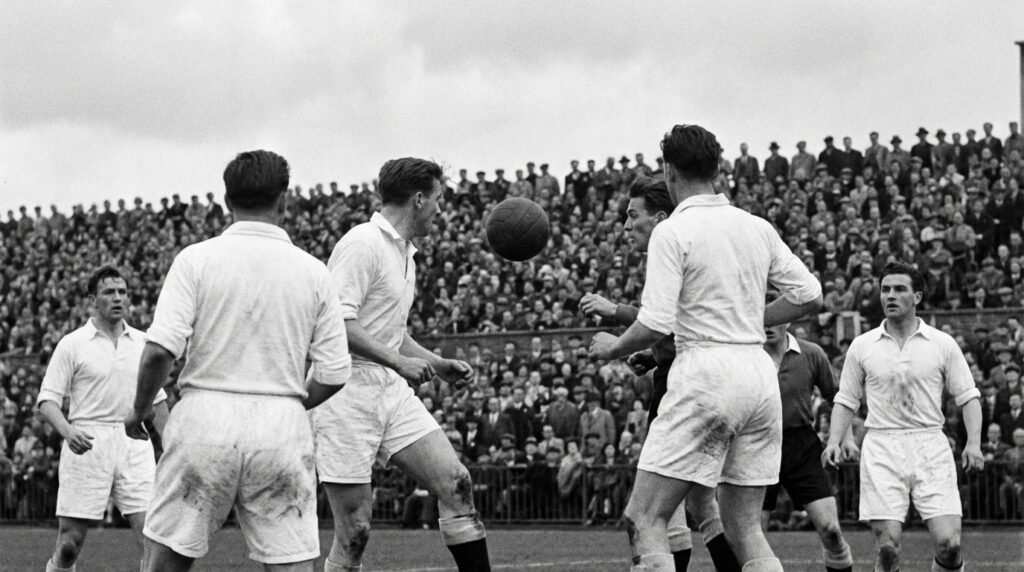 Historia de la Champions League: del papel al éxito mundial 3 Jugadores de fútbol de los años 50 disputando un balón de cuero antiguo