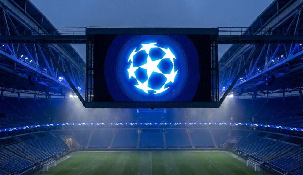 Historia de la Champions League: del papel al éxito mundial 4 Logotipo de estrellas de la Champions League en una pantalla de estadio moderno