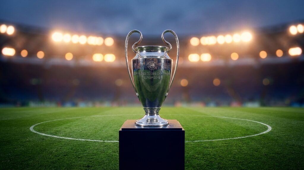 Historia de la Champions League: del papel al éxito mundial 7 El trofeo de la Champions League brillando bajo las luces de un estadio nocturno