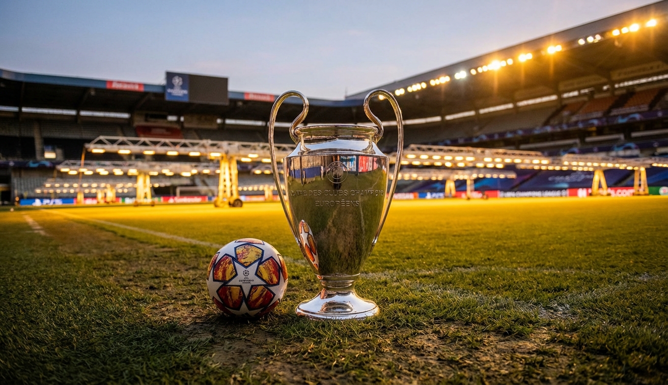 El trofeo de la Champions League en un estadio iluminado. Lo historia de la Champion League