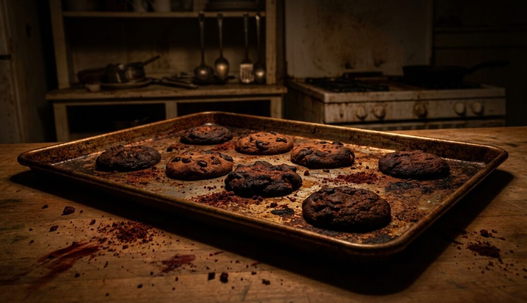 Galletas quemadas en una bandeja oxidada con iluminación siniestra
