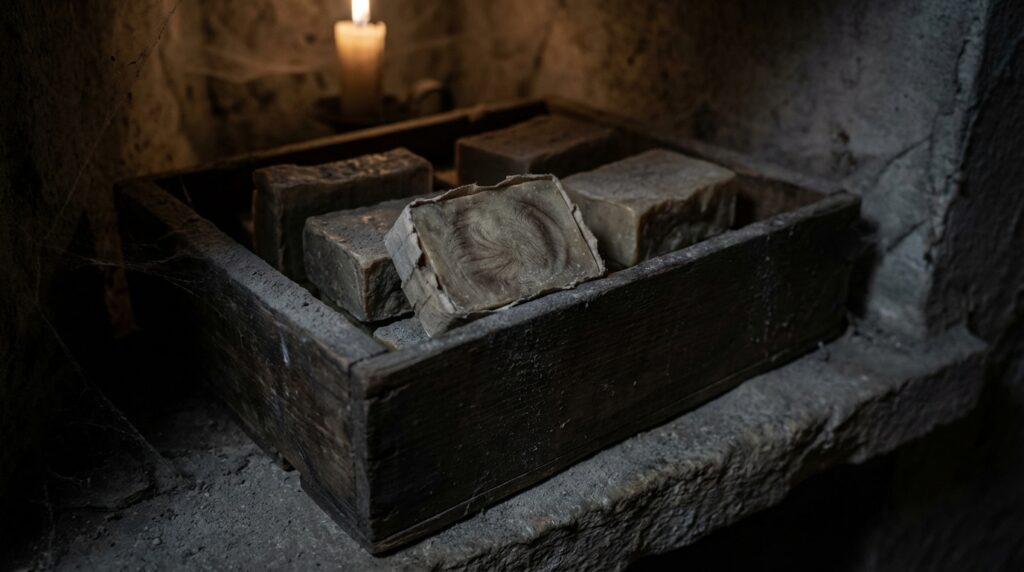 Barras de jabón antiguas en una caja de madera con luz tétrica