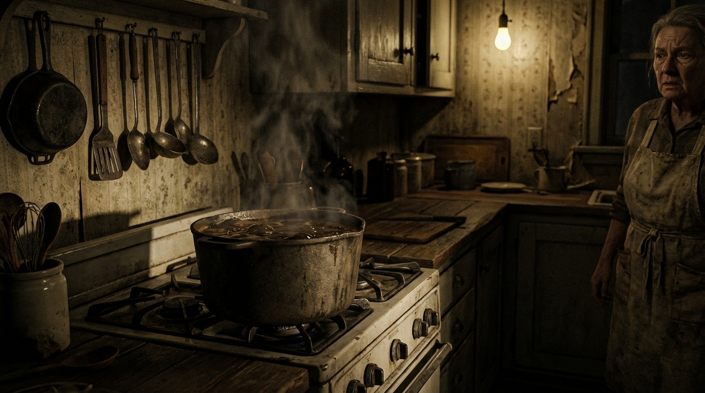 Imagen de portada tétrica de una cocina antigua con un caldero hirviendo. Leonarda Cianciulli