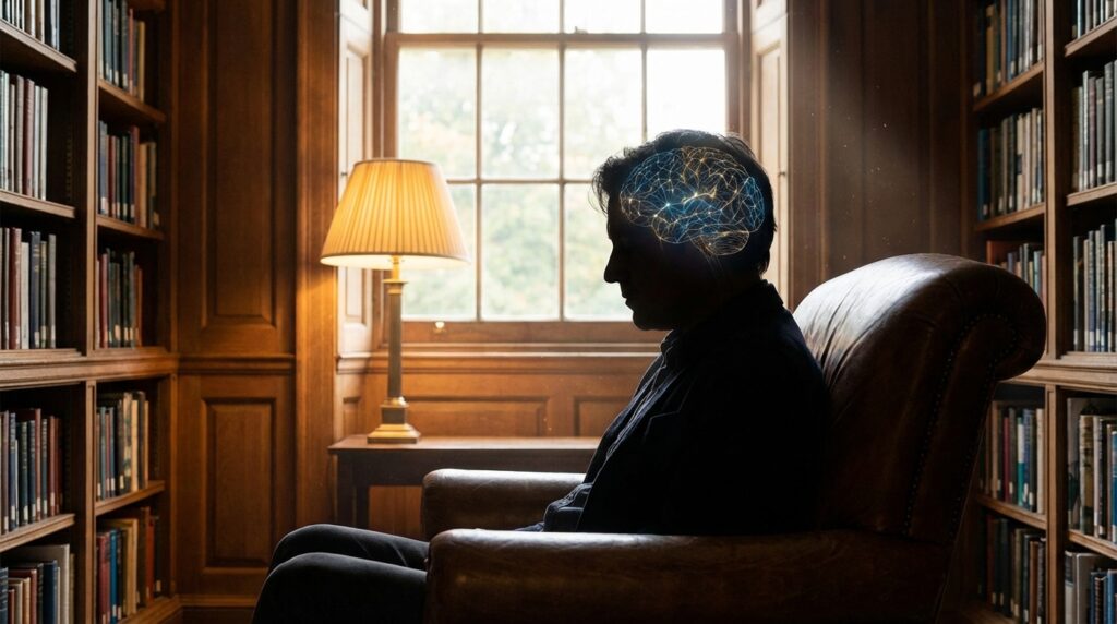 Cerebro humano iluminado con conexiones neuronales mientras una persona lee